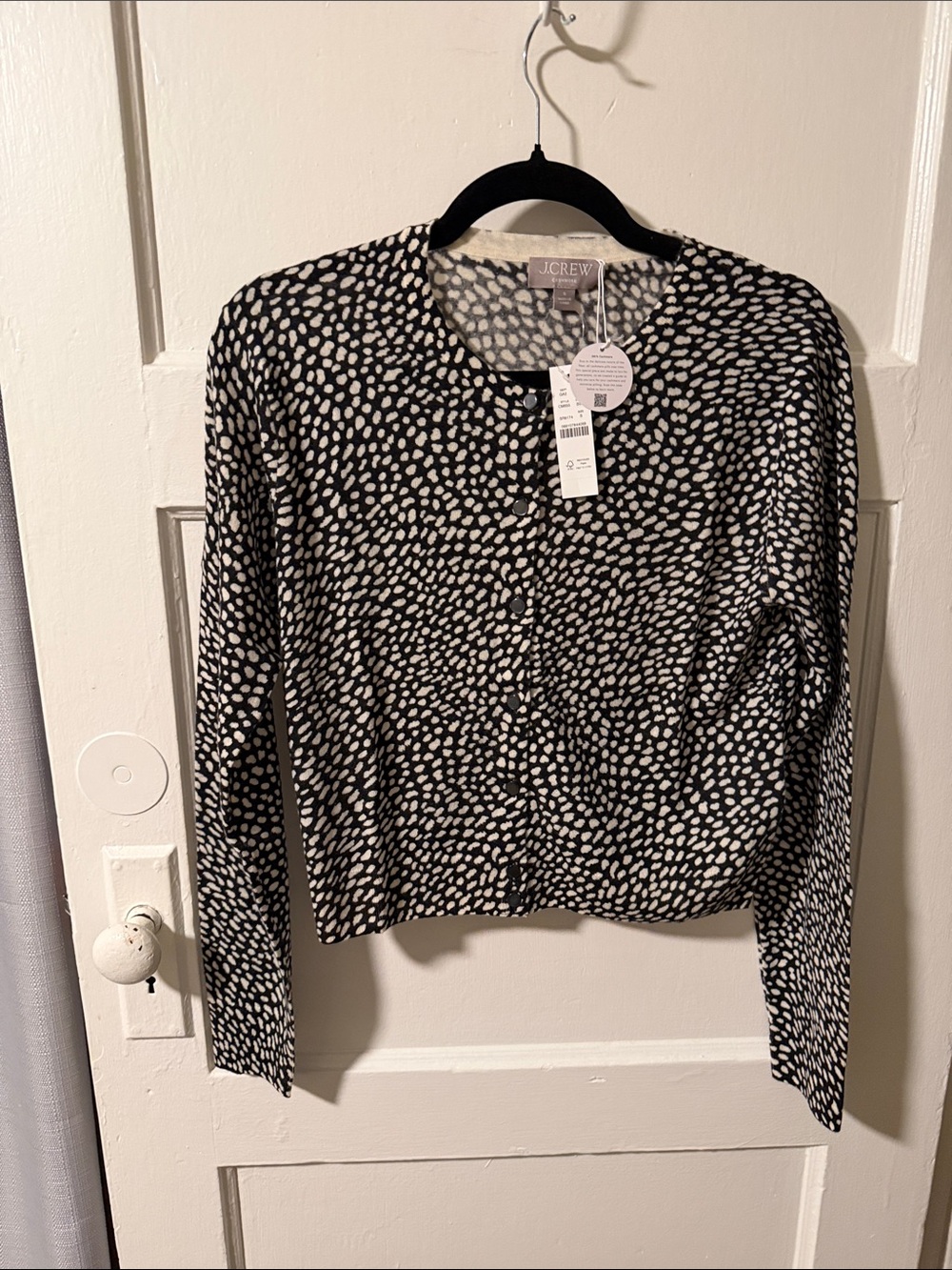 J.Crew Featherweight 100% Cashmere Cardigan Black & White Animal Spot Small